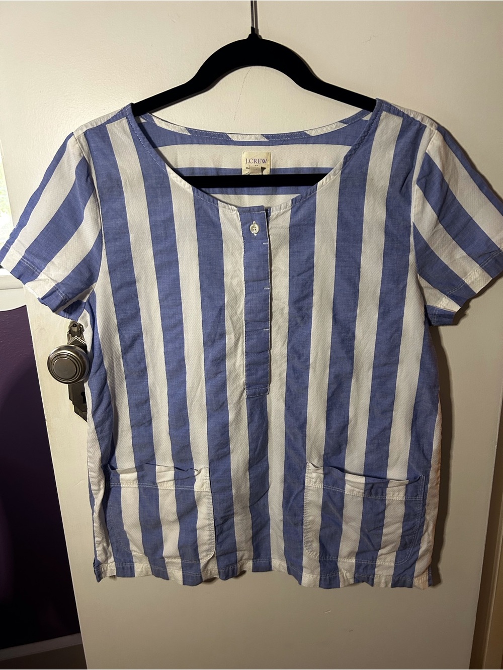 J. Crew Blue & White Vertical Stripe Short Sleeve Top